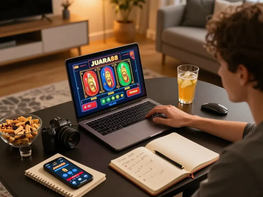 Engaging gameplay on JUARA88 online slots at home, showcasing vibrant visuals and strategic notes.