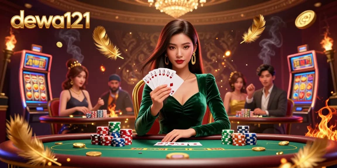 Rasakan keseruan slot di dewa121, menampilkan pemain yang fokus di meja poker mewah, dikelilingi oleh elemen yang berwarna-warni.