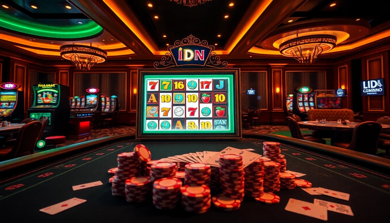 Experience the thrill of IDN slot machines at a vibrant casino with poker chips and cards.