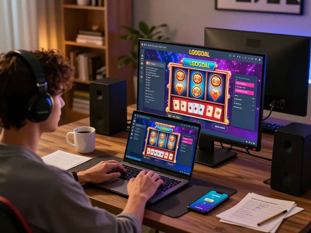 Player engaging with LGOGOAL online gaming interface from a cozy home workstation.