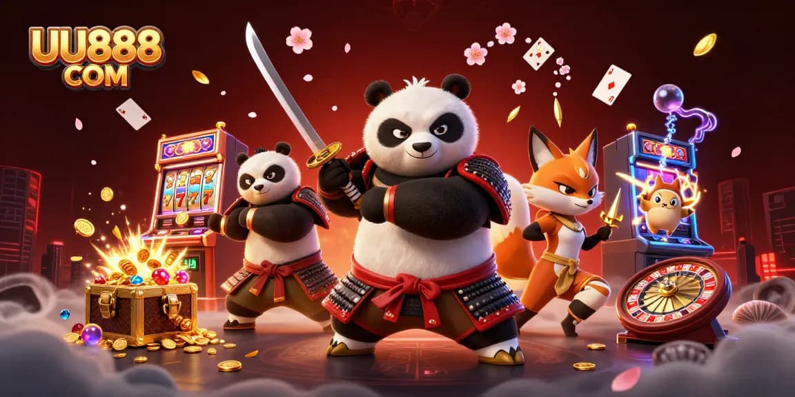 Experience the thrill of gaming at UU888 COM with a captivating 3D casino scene featuring samurai panda and vibrant slot elements.