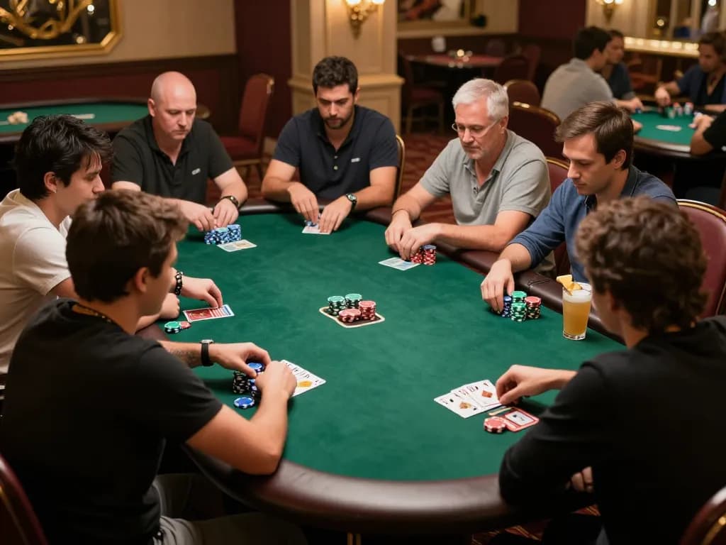 Players strategizing during a high-stakes game of poker at FC88 casino table, vibrant chips in play