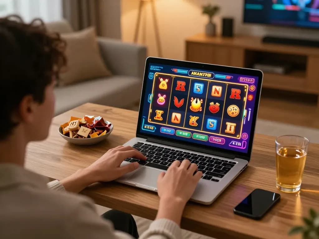 Player enjoying slots on AMAN788 from a cozy home setup with engaging visuals on the screen.