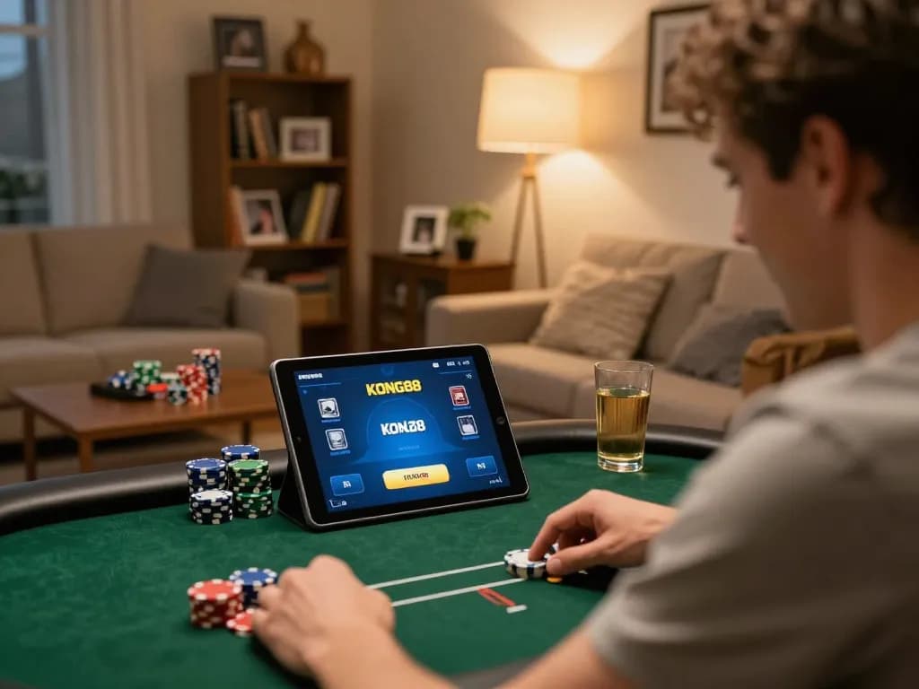 KONG88 user engaging in online poker strategy from home, showing tablet screen and cozy atmosphere.