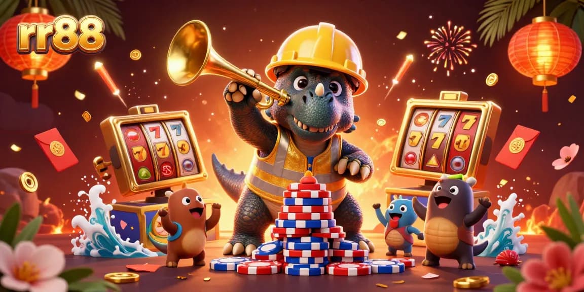 rr88 celebrates with joyful characters building poker chip towers in a vibrant casino scene.