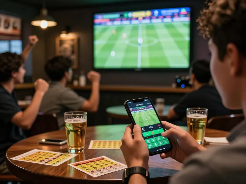Engaging sports betting action with keonhacai app used during live match in a lively bar atmosphere.