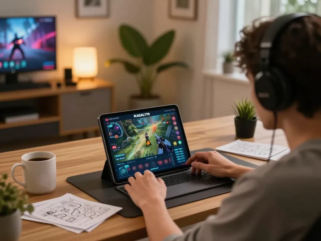KADAL778 online gaming session with a player using a tablet in a cozy home office