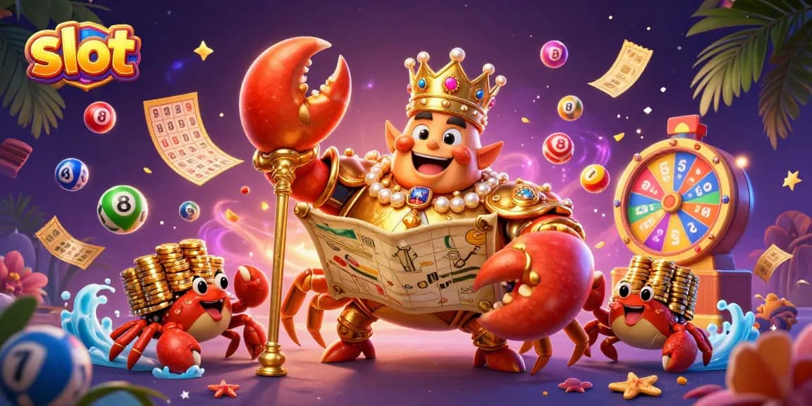 Experience the thrill of playing slot with a massive golden crab emperor and vibrant game elements.