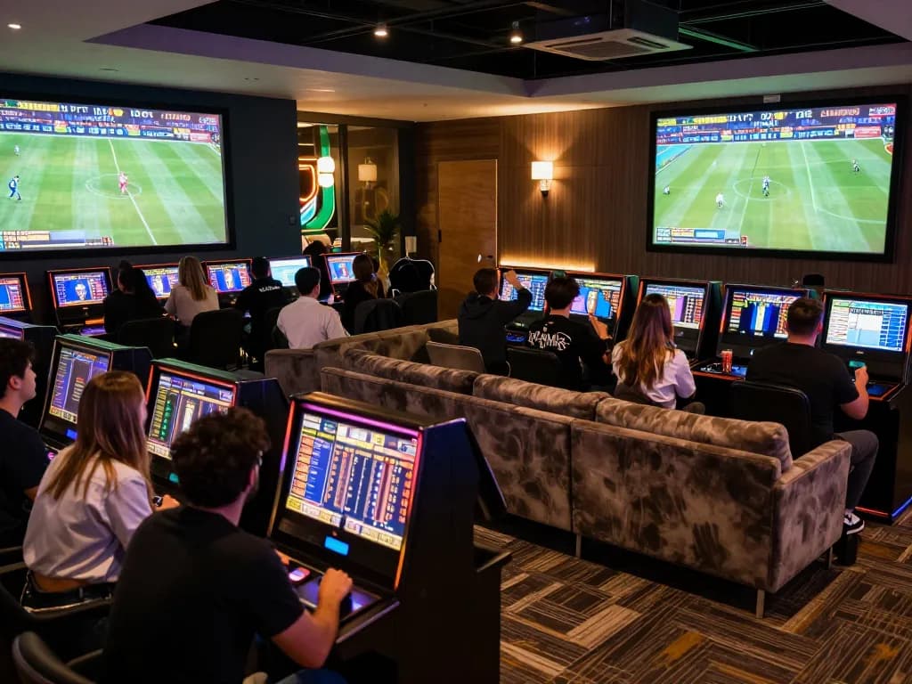 Soi Kèo enthusiasts celebrating a win while placing bets in a modern sports betting lounge filled with screens.