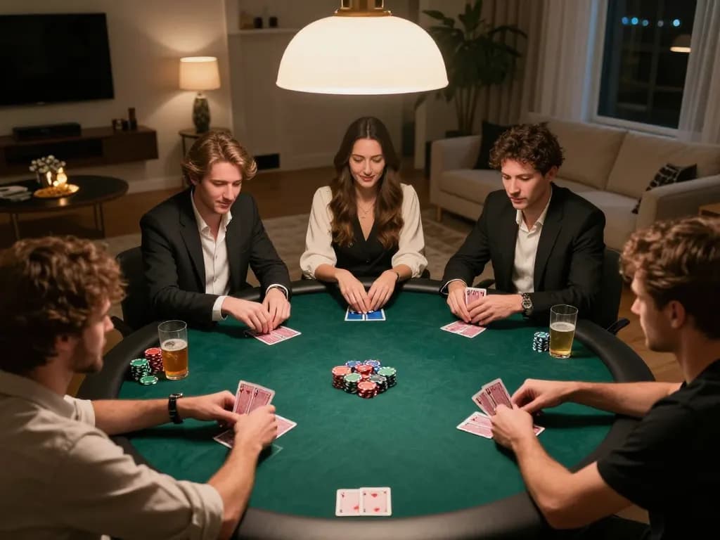 Players enjoying a Texas Hold'em game at home, immersed in maxpoker88 action with cards and chips on the table.