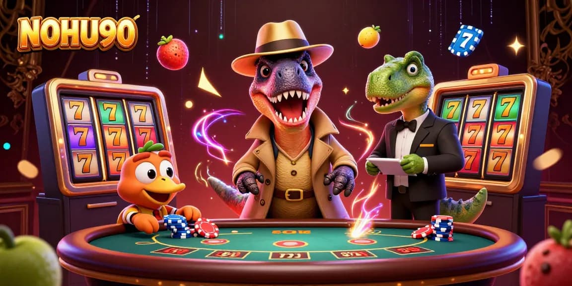 Engage with NOHU90's slot experience featuring a cartoon velociraptor at a blackjack table.