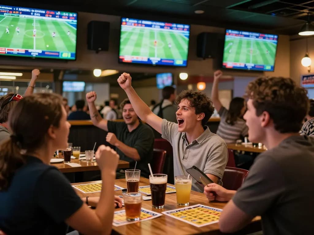 Engaged sports fans betting on football games through the tylebongda platform, showcasing vibrant sports bar atmosphere