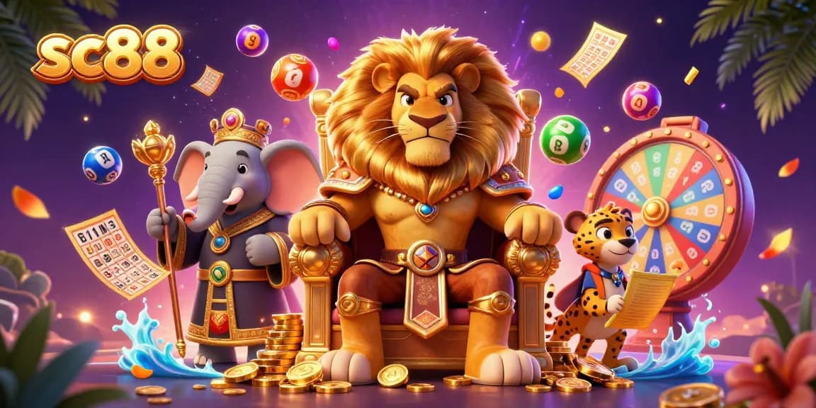 sc88 slots and games presentation featuring a lion king, elephant advisor, and cheetah messenger in a vibrant casino scene