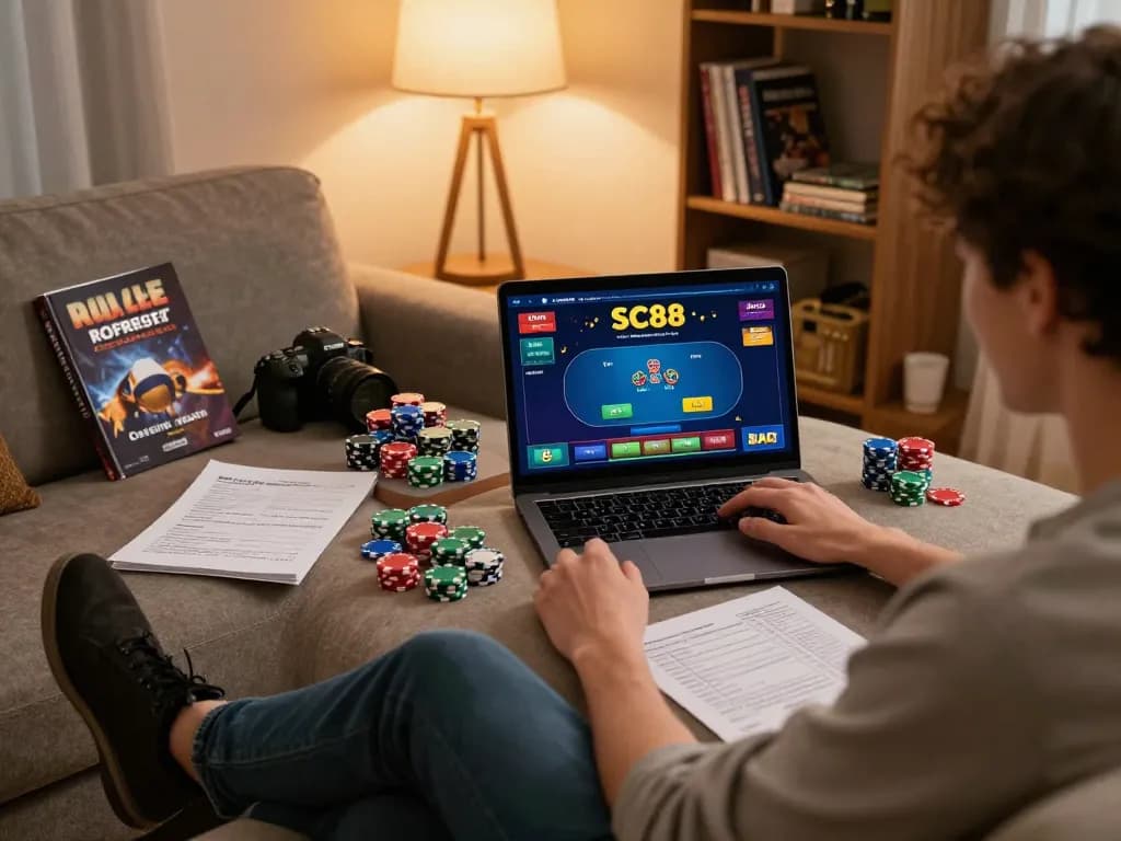 Engaging SC88 poker gameplay displayed on laptop during a cozy home gaming session