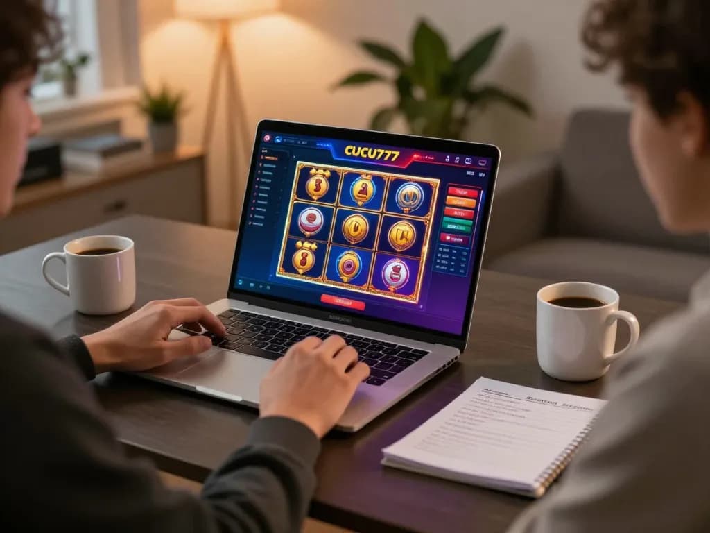 Playing slots on CUCU777's platform from a cozy home office setup with a laptop.