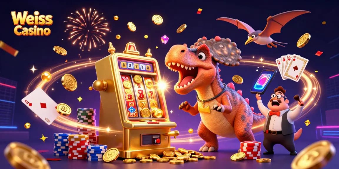 Weiss Casino nyerőgépes játék, ahol a páncélos dínó feje odacsap a slot géphez, hogy jackpotot nyerjen.