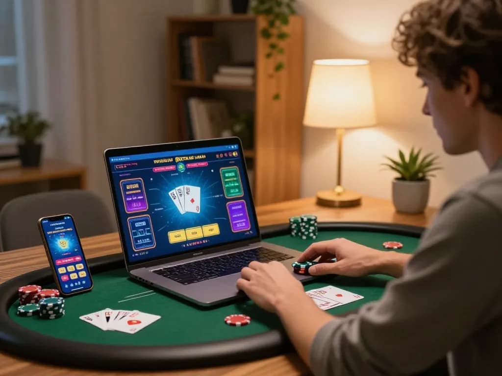 Engaging in online poker at home with 79KING on laptop, showcasing strategic gameplay and comfortable atmosphere.