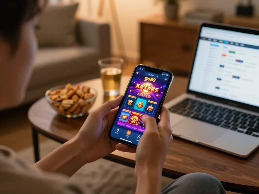 Engaging in mobile gambling with the go89 app at home, showcasing strategic gameplay.