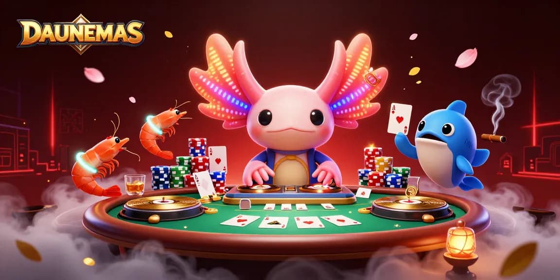 DAUNEMAS showcases an energetic casino scene with vibrant characters and poker elements.