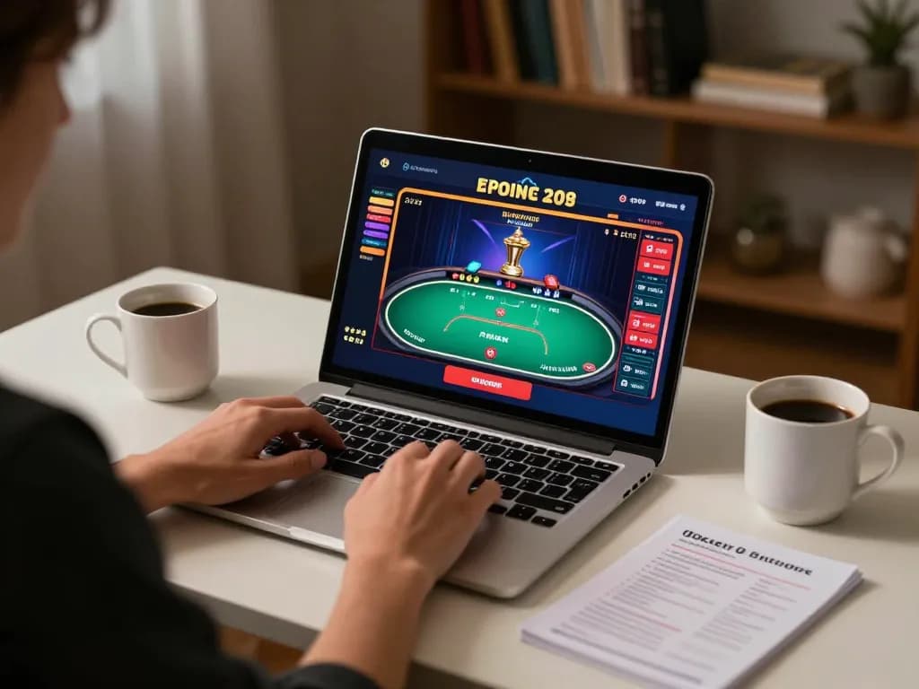 Engaged player enjoying online poker at home with 98 win strategy notes beside