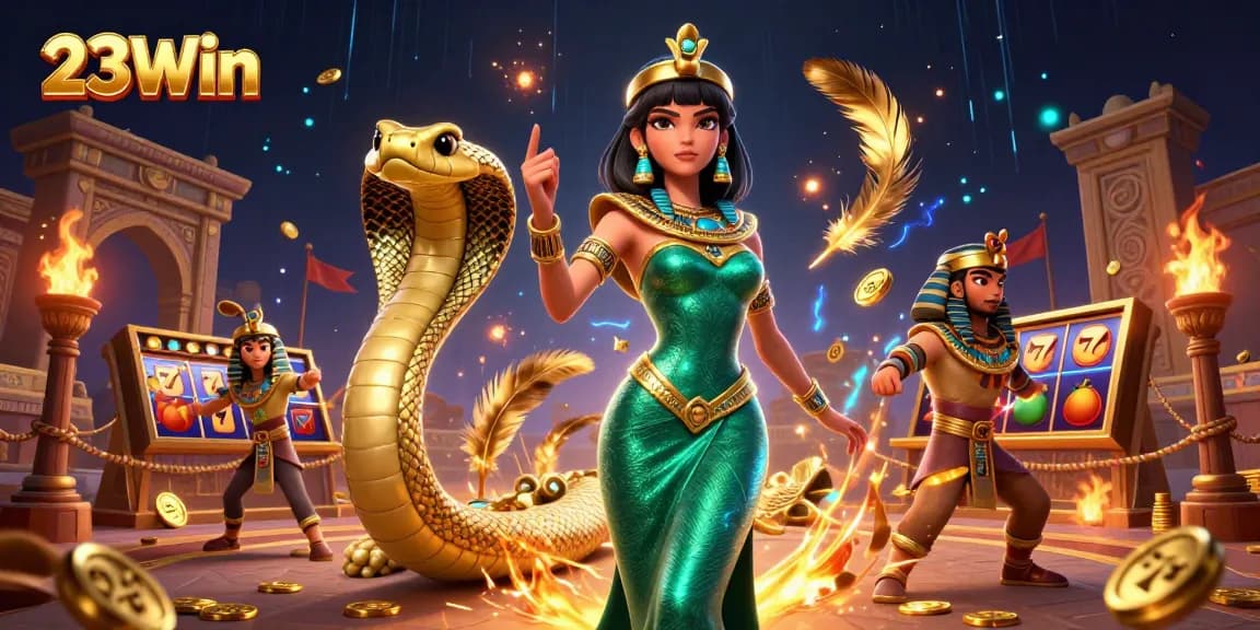 Engage with 23Win's vibrant casino atmosphere featuring dynamic slot game elements in a magical setting.