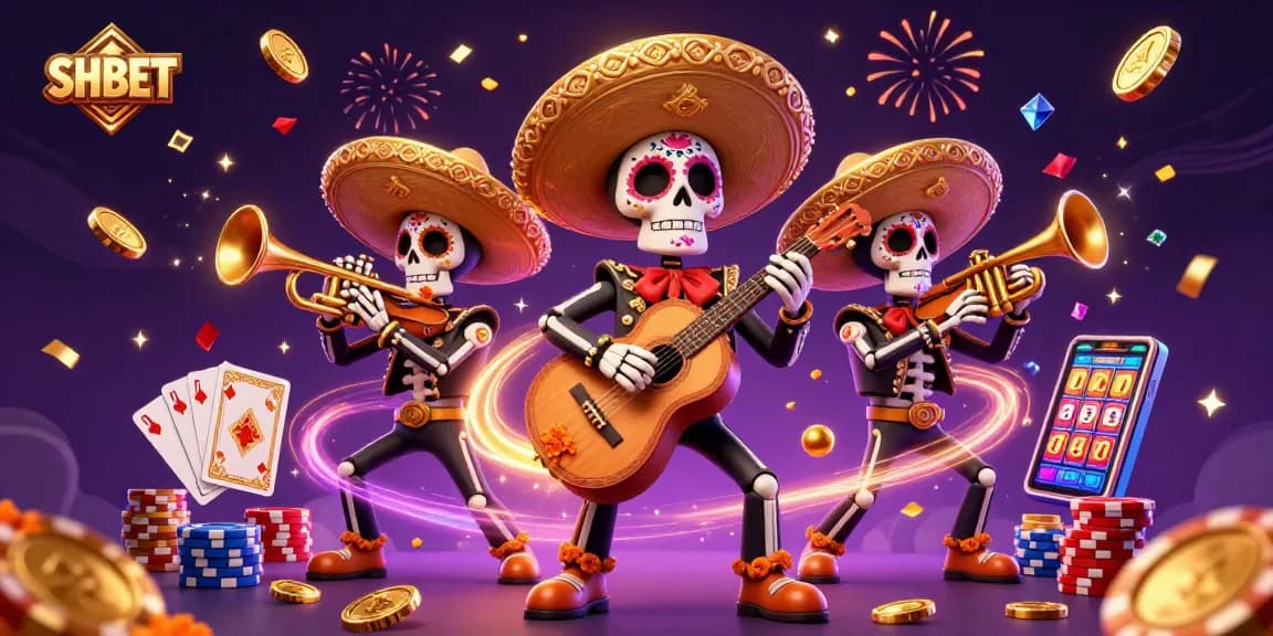 SHBET showcases an exciting scene with a mariachi band amidst flying coins and games, capturing the thrill of online gambling.