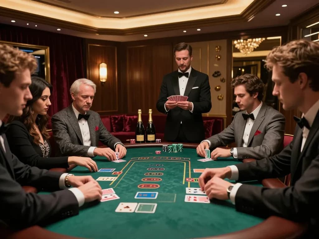 Engaged VIP players strategizing over blackjack at vipwin's luxury gaming table.