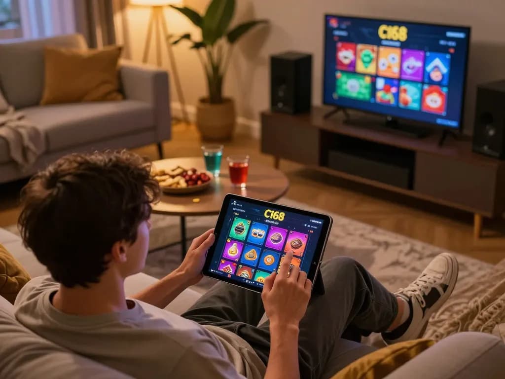 C168 app interface displayed on tablet during an evening gaming session at home