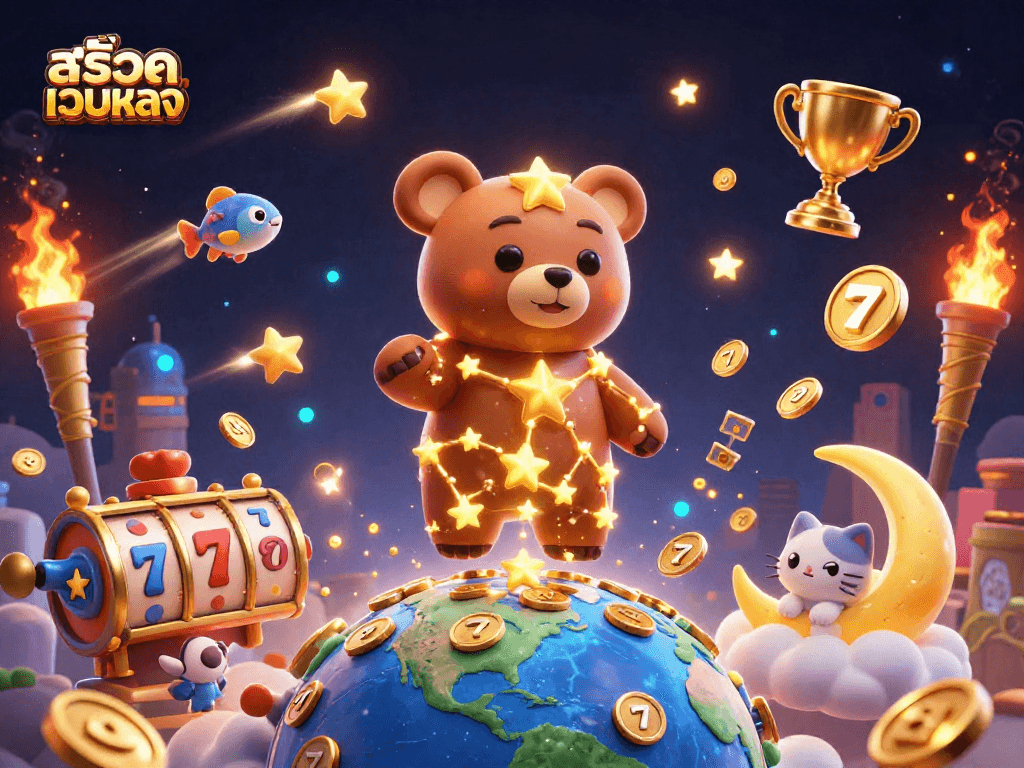 Spin to win with สล็อตเว็บตรง in a vibrant, dynamic 3D casino scene featuring slot reels and golden stars.
