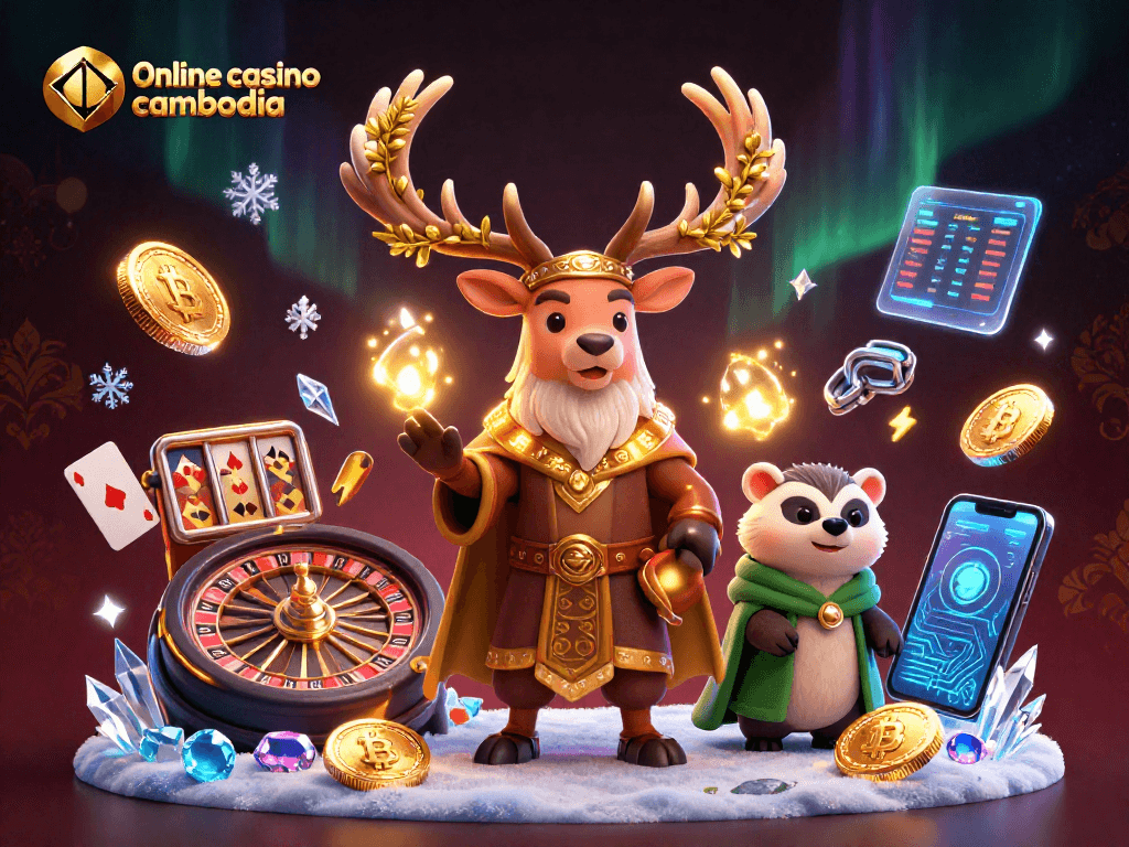 Engage with lively gameplay at Online casino cambodia featuring roulette, slot reels, and vibrant characters.