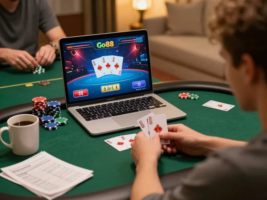Các người chơi tận hưởng trò poker trên nền tảng sòng bạc trực tuyến của Go88, thể hiện chiến lược và sự phấn khích