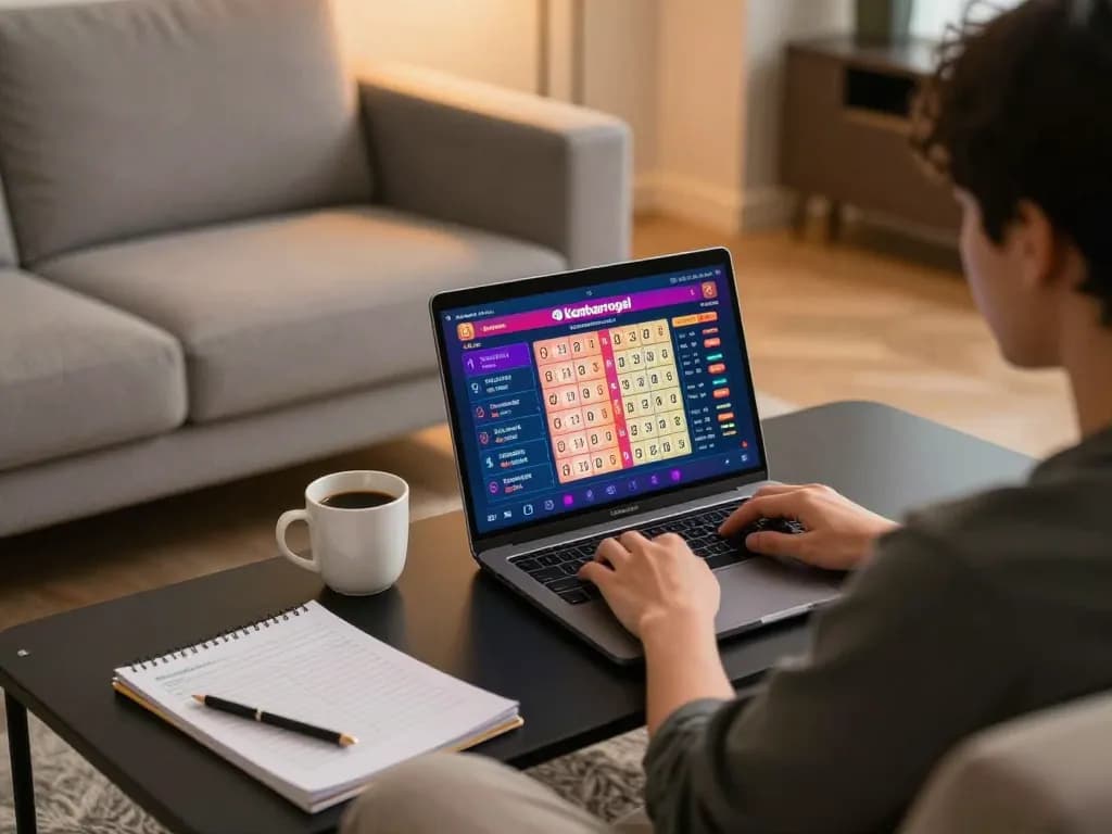 Engaging in kembartogel online lottery gameplay on a laptop from a cozy home setting