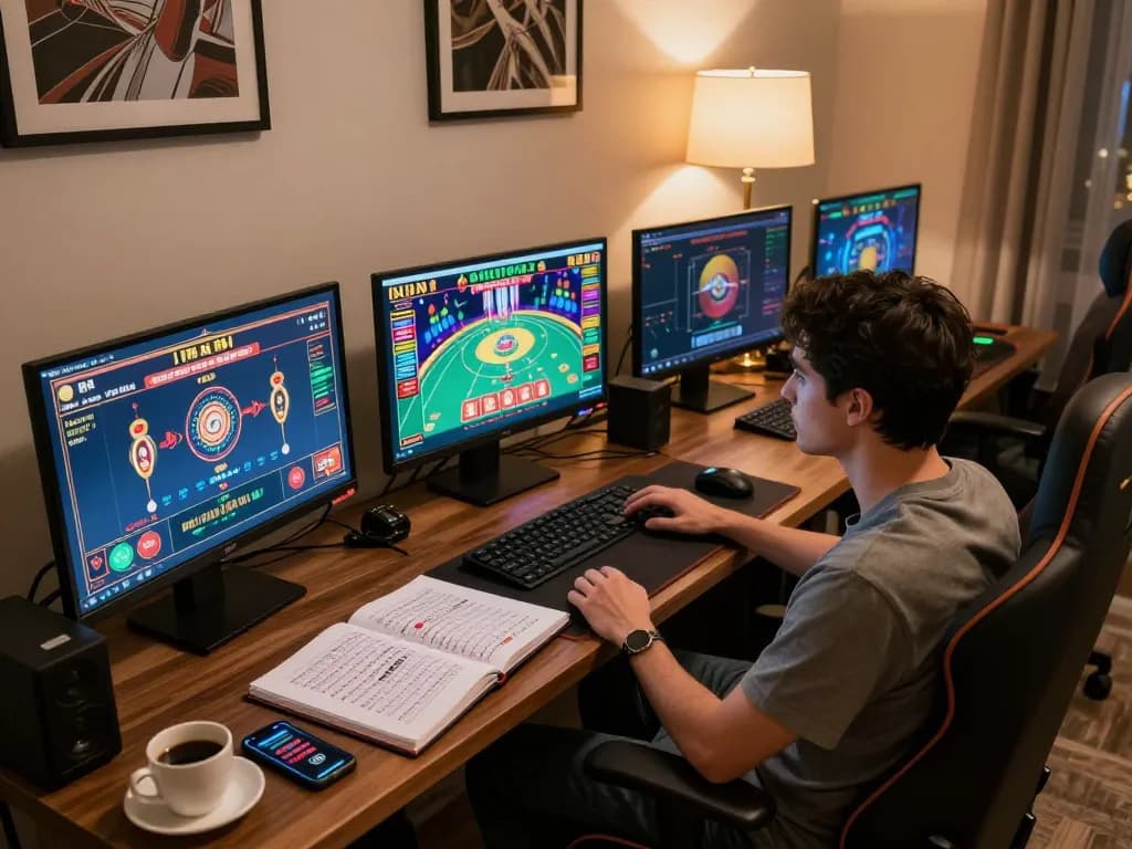 Engaged player exploring TR88 online casino strategies on multiple screens.