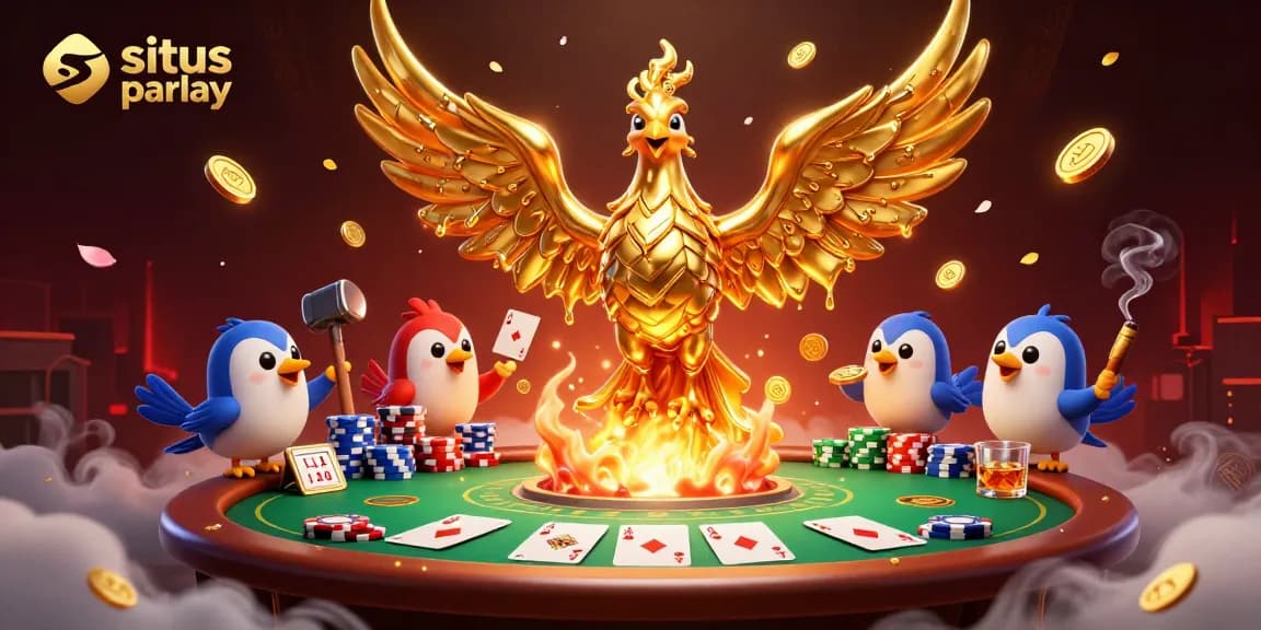 Experience the excitement of situs parlay with molten gold phoenix and poker elements in a vibrant casino scene.