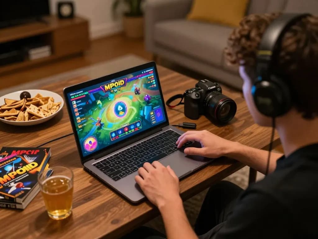 MPOID interactive dynamic reel gameplay captured on a laptop at home, highlighting immersive online casino experience.
