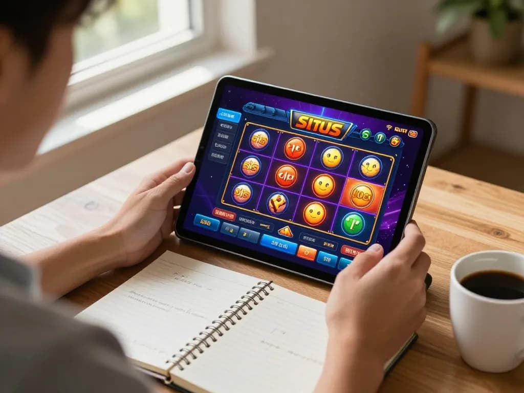 Situs slot gameplay on a tablet in a cozy home setting with strategic notes nearby