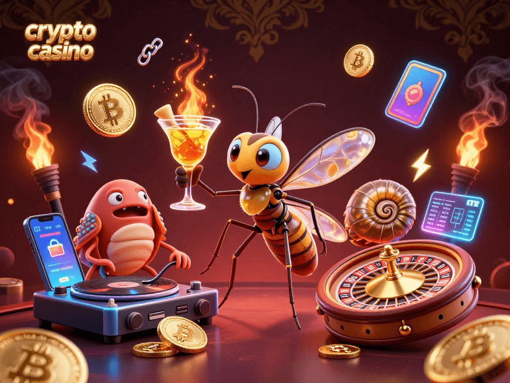 Engaging scene of a crypto casino with a frozen mosquito mascot and trilobite DJ.