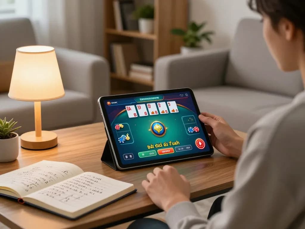 Engaging in game bài đổi thưởng online with a tablet in a cozy home setting, highlighting responsible gaming.