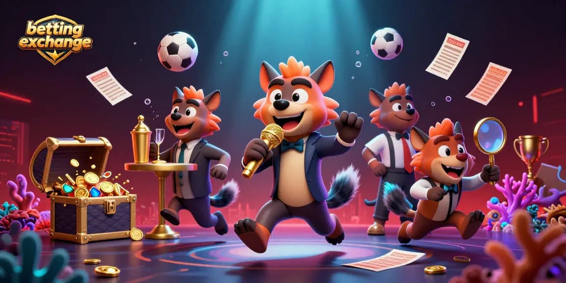 Experience the excitement of a betting exchange with lively hyena characters in a vibrant casino setting.