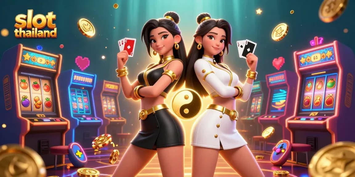 Engage in thrilling gameplay at slot thailand with stunning visuals of twin Asian women showcasing cards and casino elements.