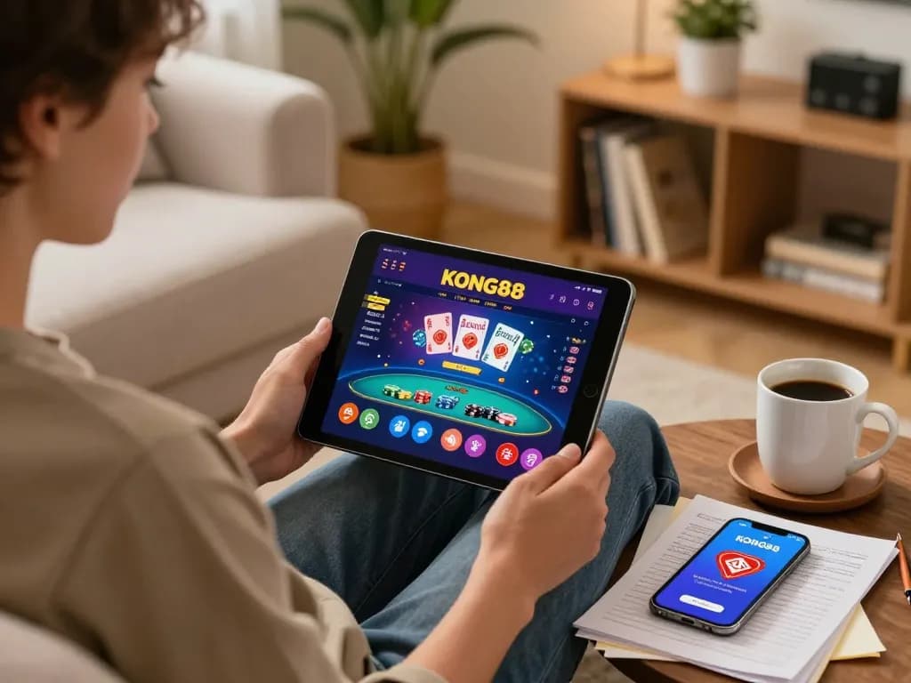 KONG88 player enjoying a live dealer game on tablet in a cozy home setting.