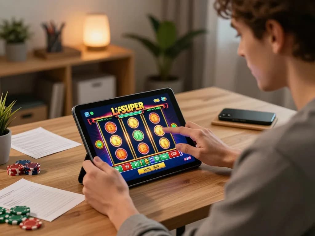 Player enjoying the thrilling LGOSUPER online casino slot game on a tablet in a cozy home office.