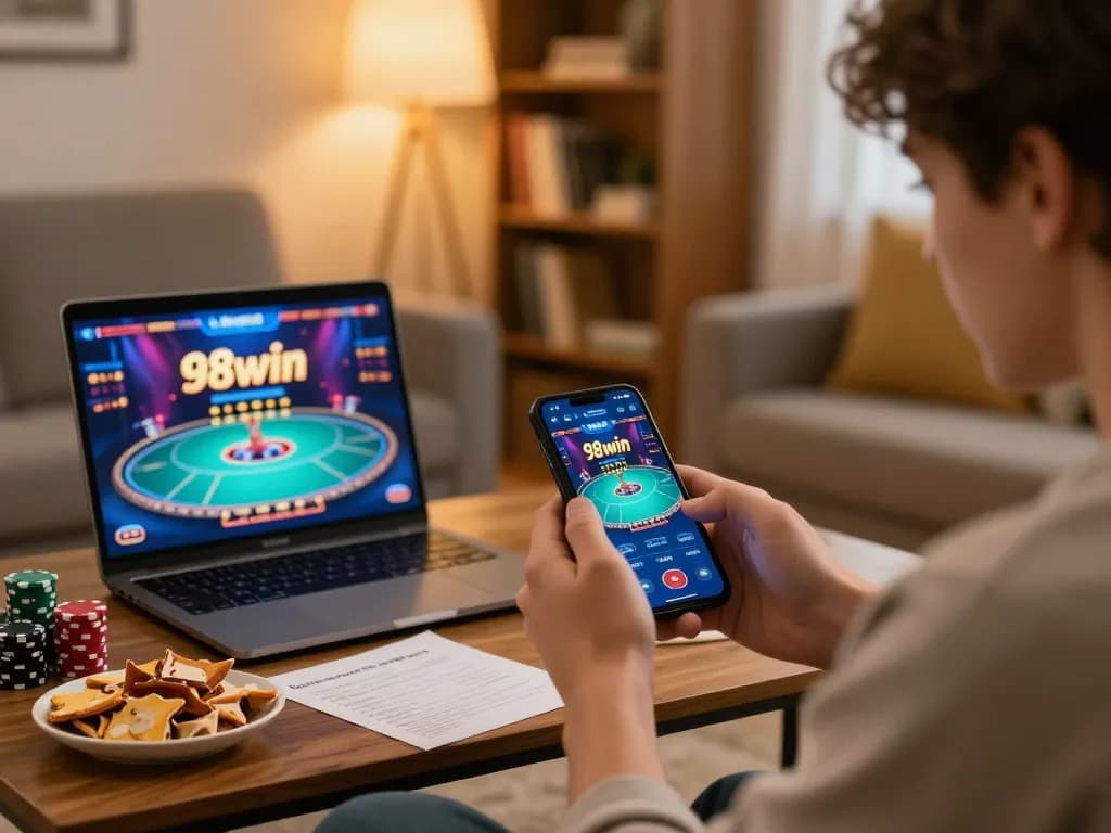 Engaging in a mobile gaming session with the 98win app, showcasing the excitement of online gambling