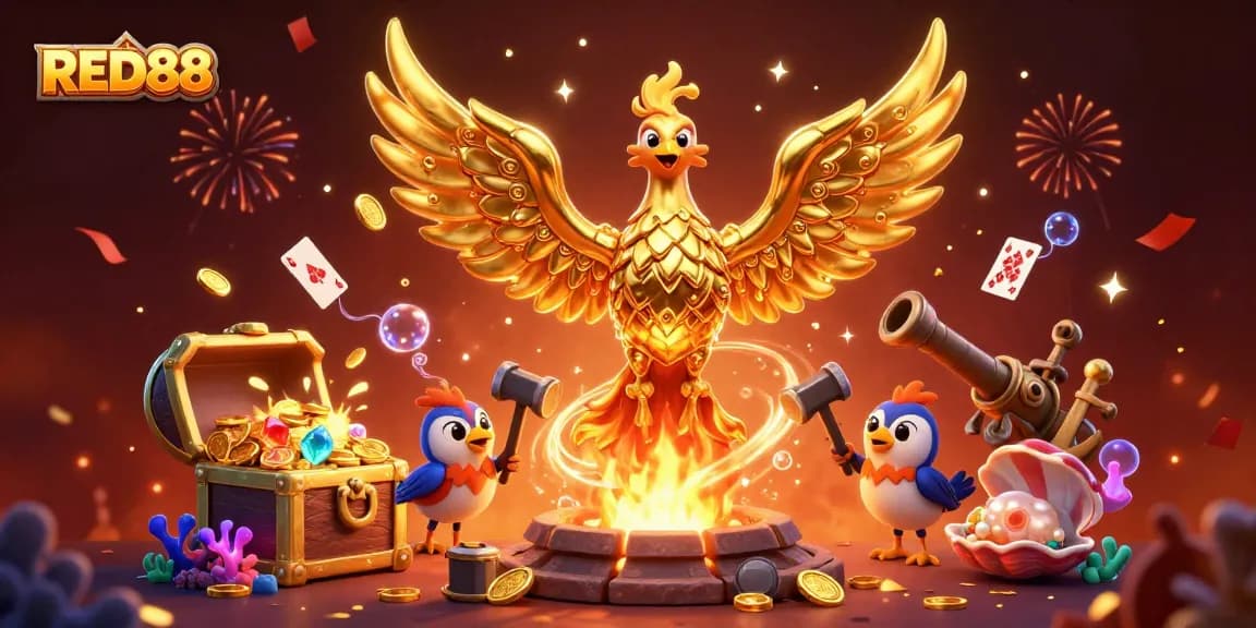 Engage with RED88's vibrant casino world featuring a golden phoenix and dynamic gaming elements.