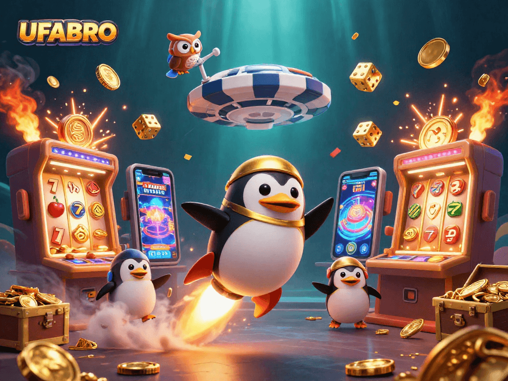 Experience the thrill of UFABRO with vivid visuals of jackpots and a golden penguin in action.