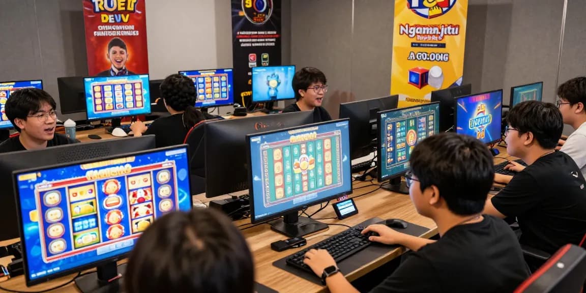 Players engaged in online gaming at ngamenjitu, showcasing excitement and vibrant slot screens.