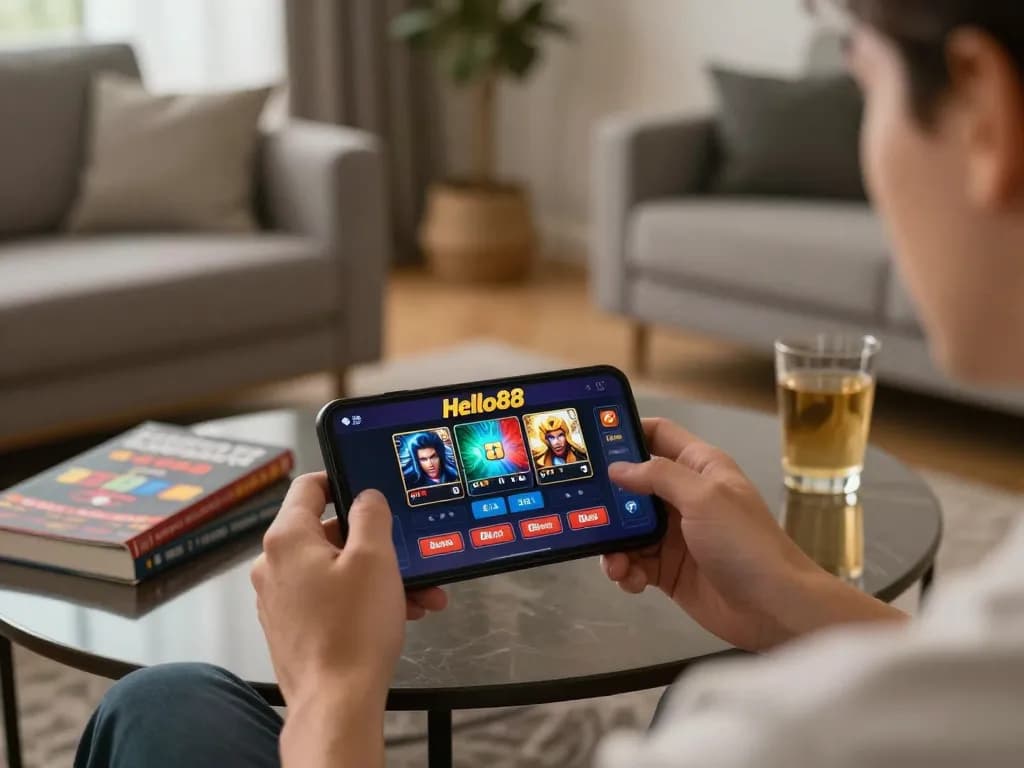 Hello88 players engaging in online casino games, showcasing mobile gaming lifestyle in a relaxed environment