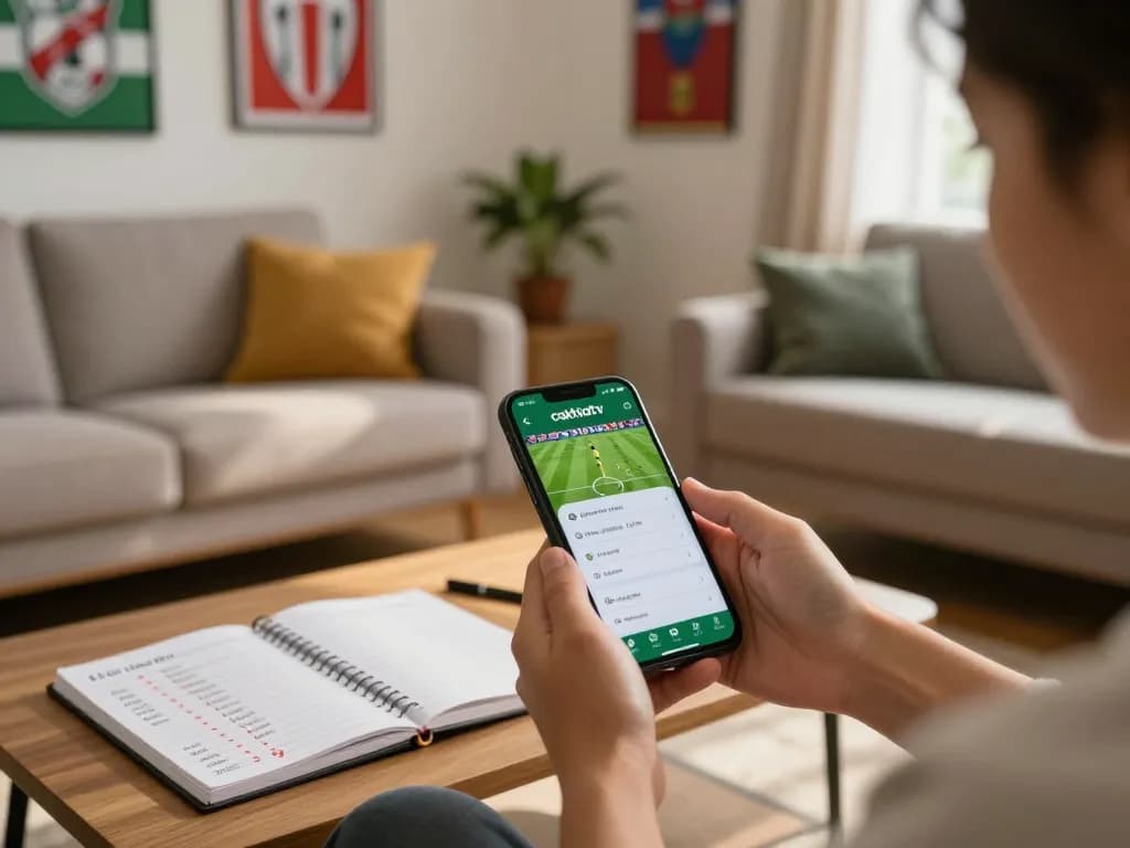 Engaging user interacts with cakhiatv app for live sports betting in a cozy home setting.