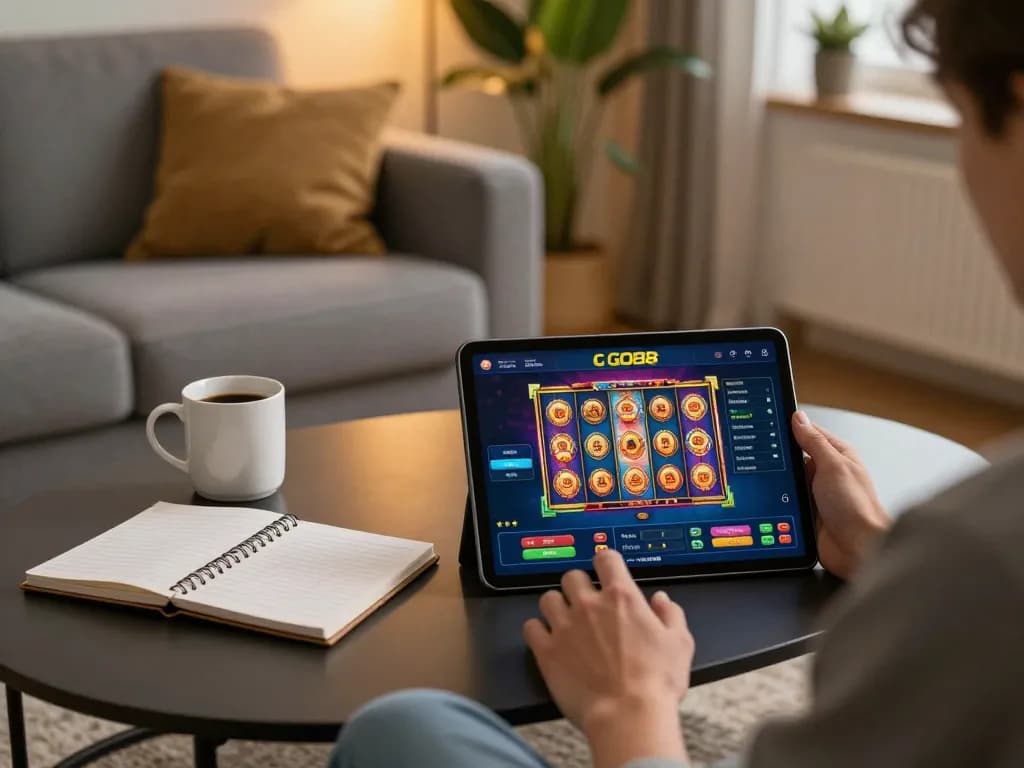 Player immersed in online GO88 gaming on a tablet in a cozy home setting.