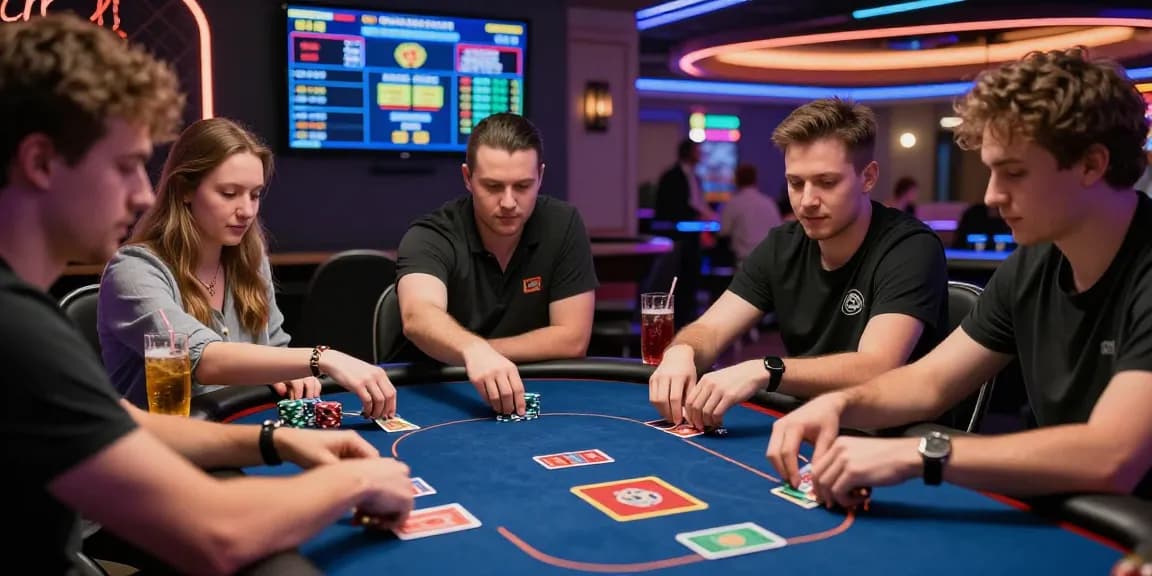 Pemain poker88 menikmati permainan di meja kasino dengan suasana penuh warna dan strategi.